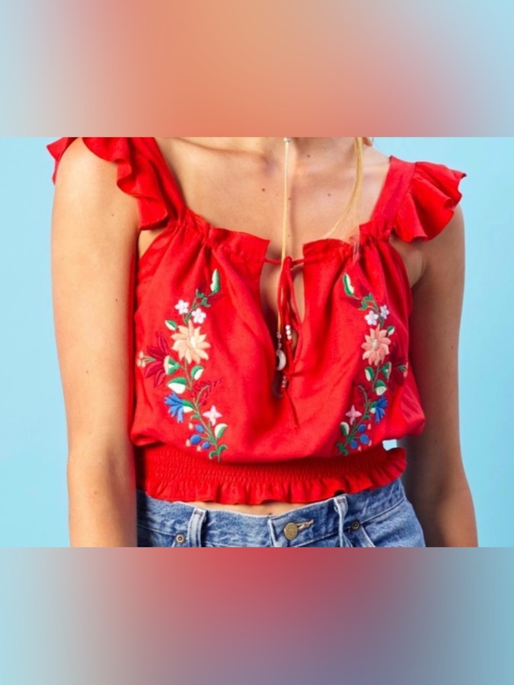 Winston White - Red Embroidered Tie-Front Smock Crop Top — Women